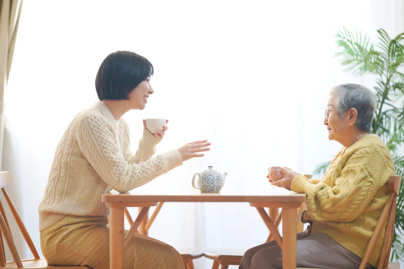明るい窓辺でお茶を飲みながら話す女性と年配の女性